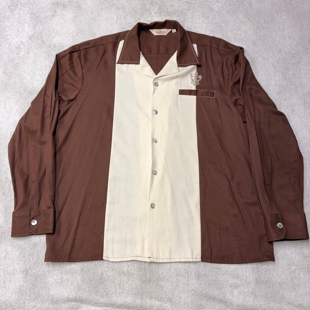 Da Vinci California Bowling Shirt Retro Rayon Blend Long Sleeve Brown Mens XL
